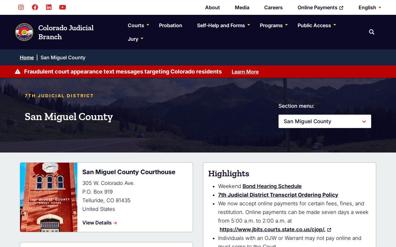 San Miguel Combined Courts contact and warrant payment warning