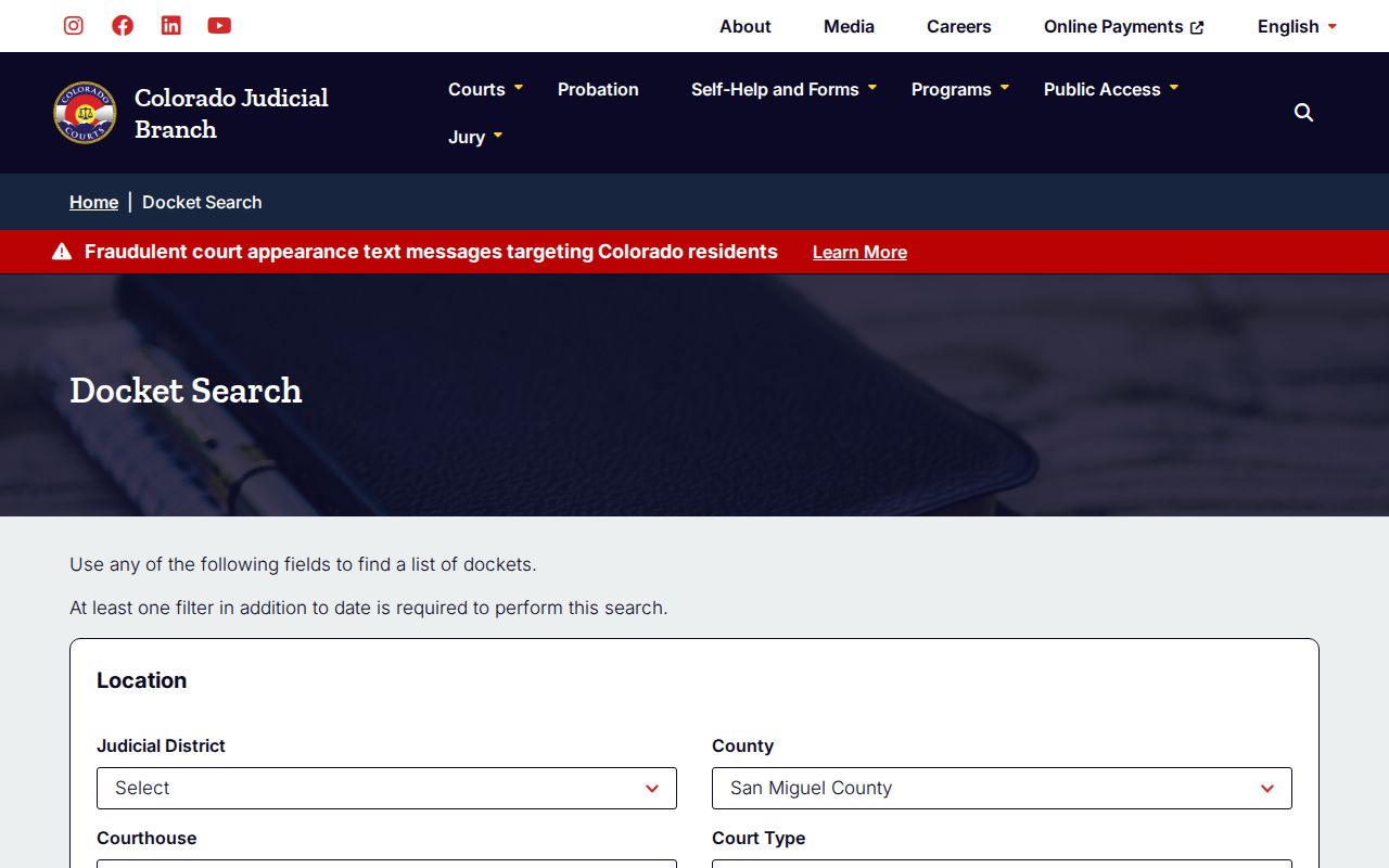 Colorado Judicial San Miguel County docket filters
