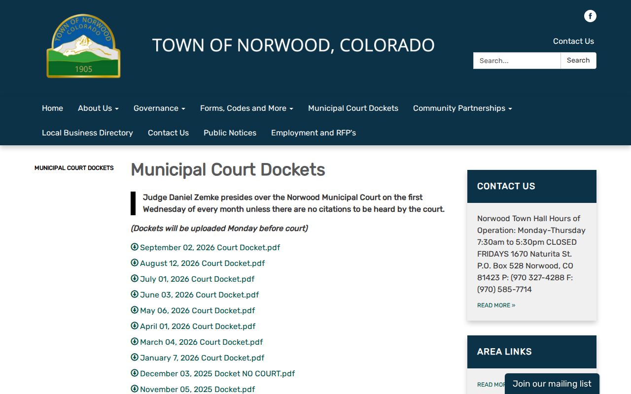 San Miguel County arrest warrant court reference showing the Norwood municipal docket page and schedule
