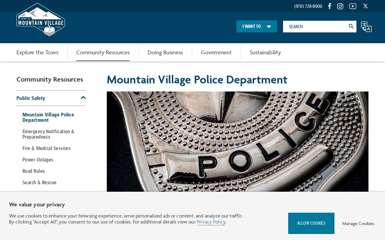 San Miguel County arrest warrant service resource showing the Mountain Village Police building and records instructions