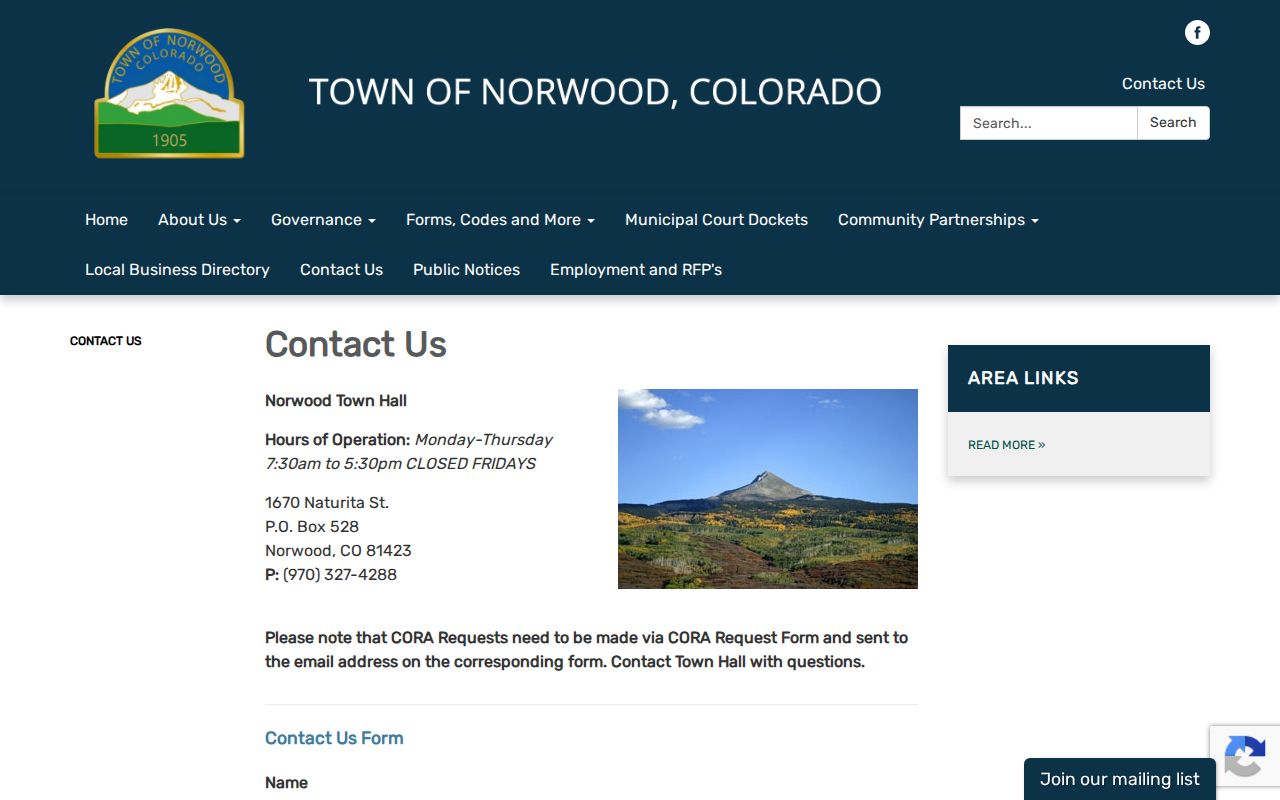 San Miguel County traffic warrant route through Norwood Town Hall contacts and records