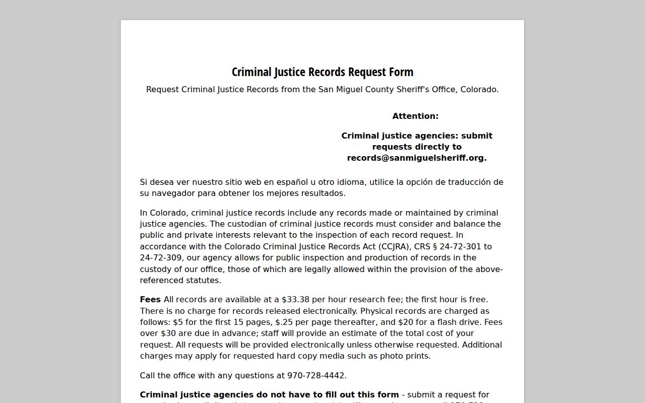 Blank secure Sheriff form for San Miguel County warrant records requests