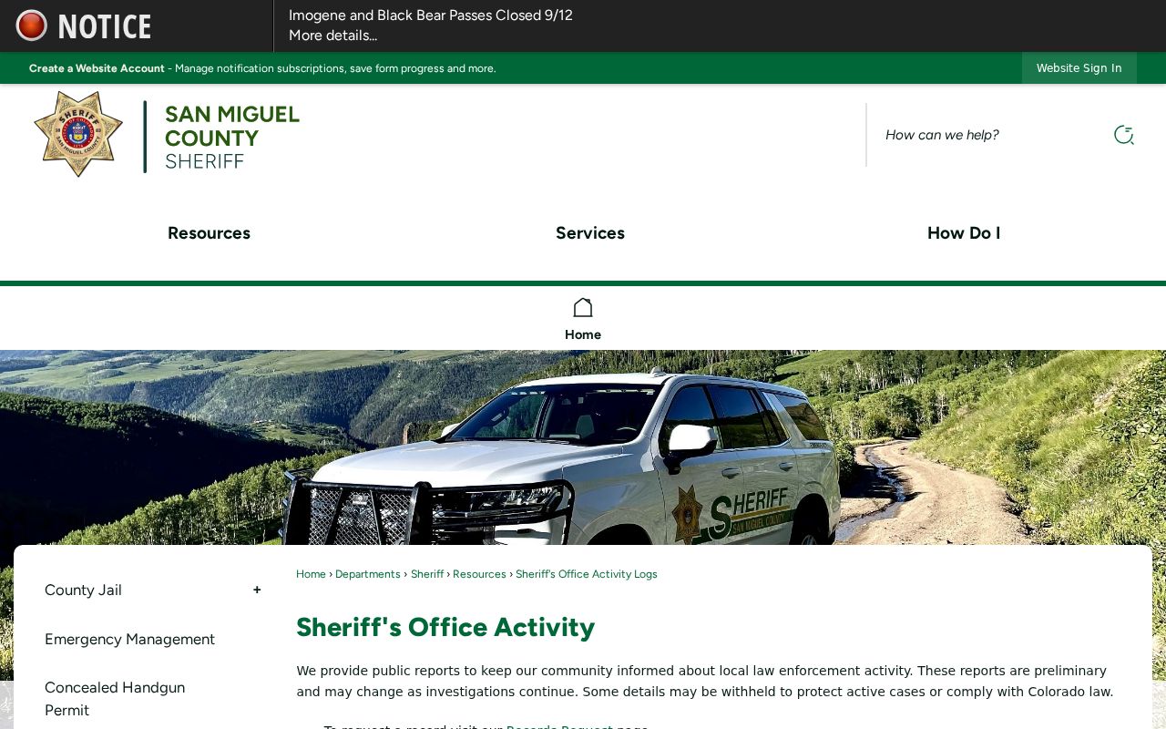 San Miguel County warrant records context shown through Sheriff activity report categories