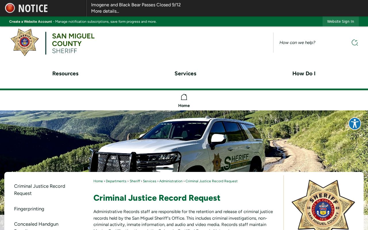 San Miguel County warrant records request instructions from the Sheriff